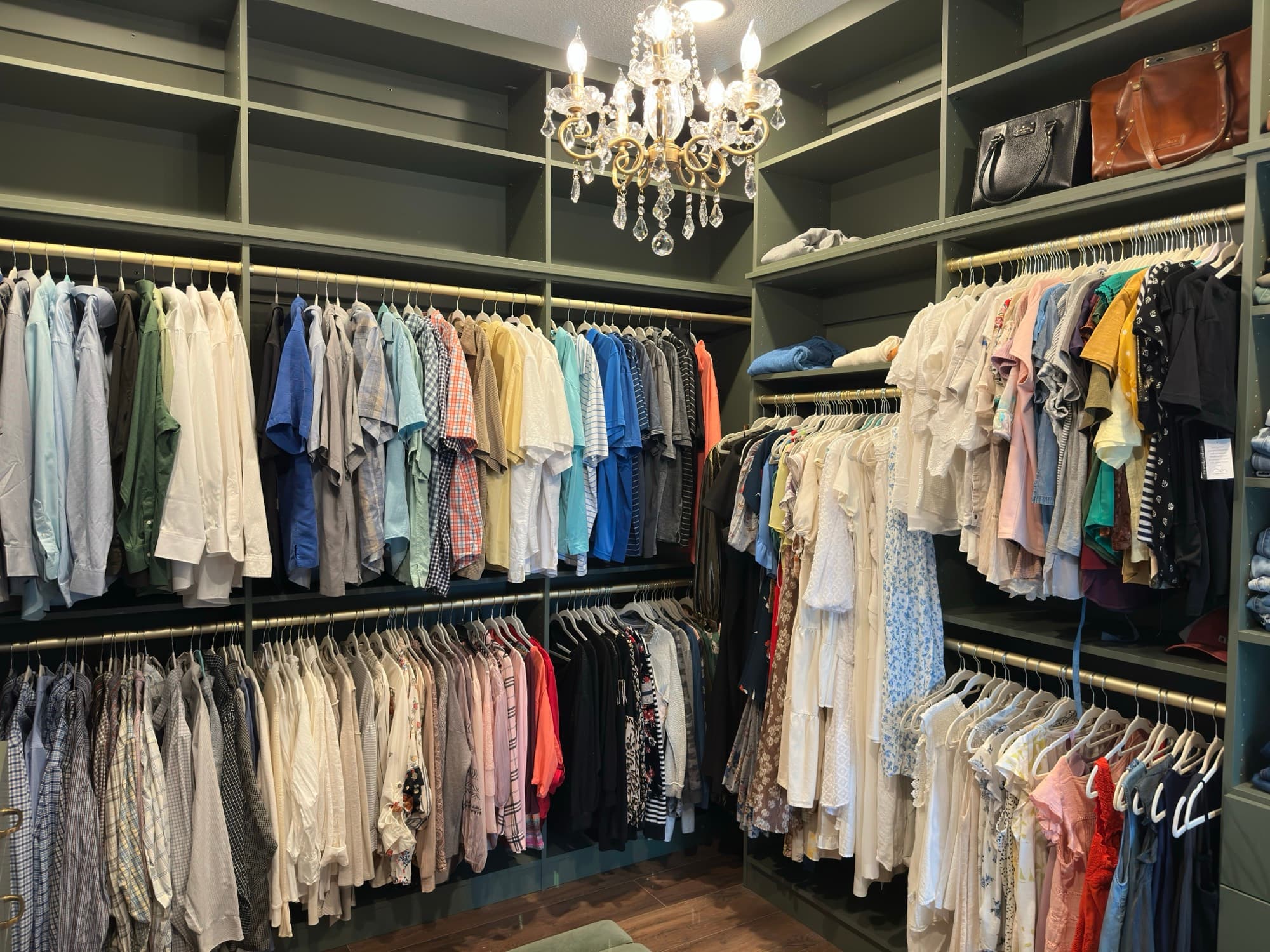 Custom walk-in closet with wood island and double hang