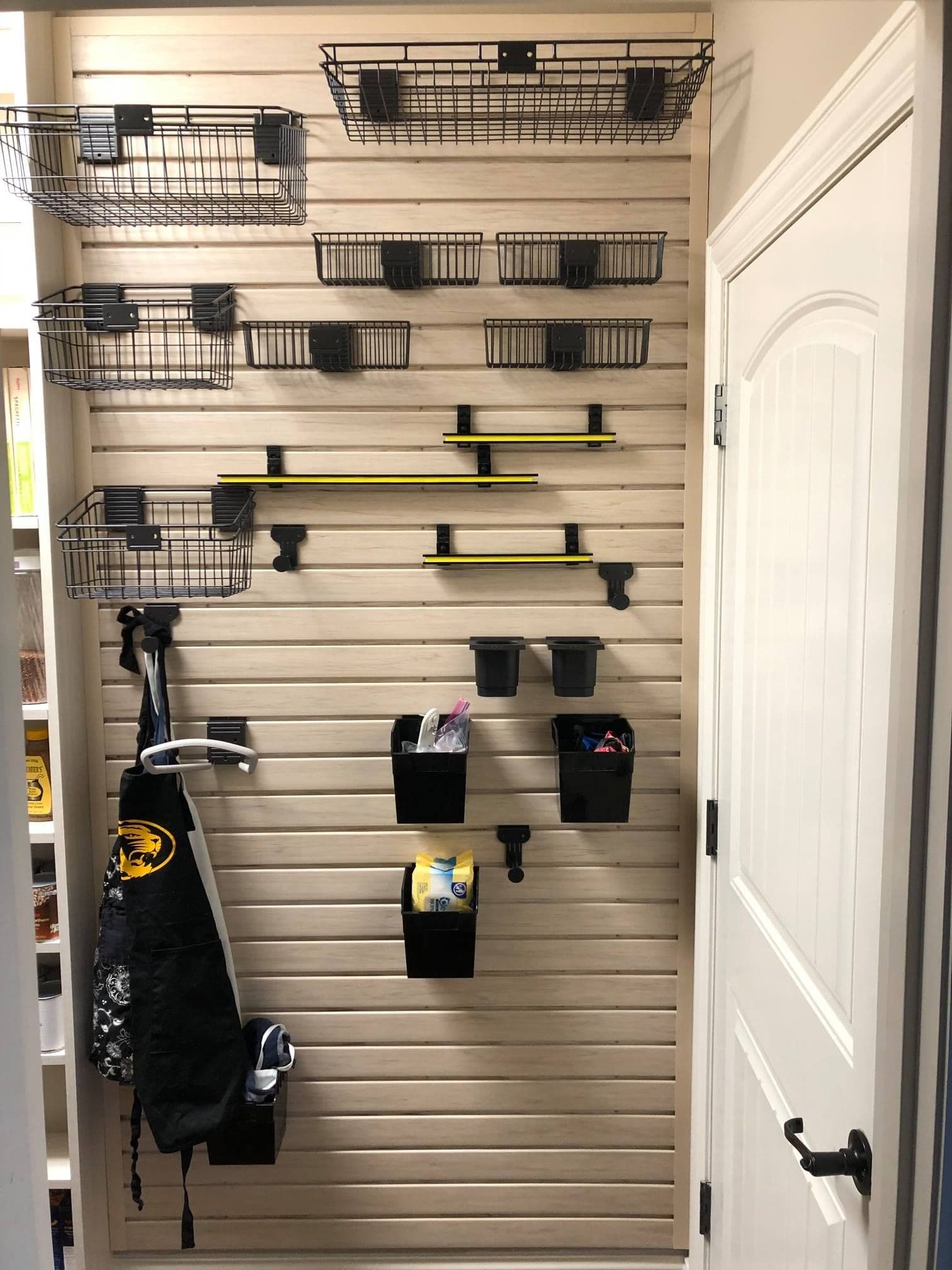Garage slatwall with baskets and hooks in Columbia, MO